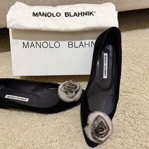 Manolo Blahnik Black and Gray Flats with Floral Embellishment